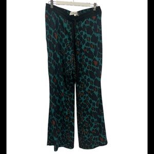 Diane Von Furstenberg Teal and Brown Leopard Print Wide Leg Pants